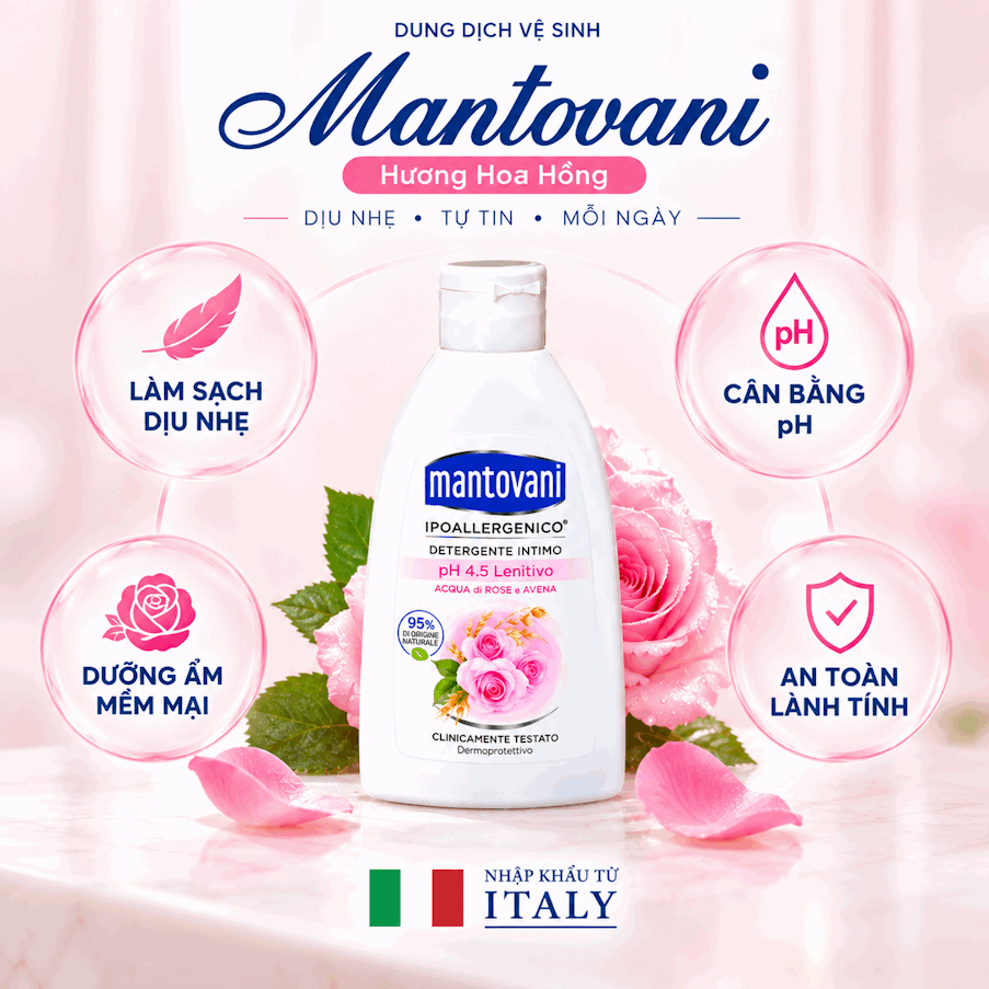 Dung dịch vệ sinh MANTOVANI Soothing PH 4.5 -  Rose water and Oats - chiết xuất từ NƯỚC HOA HỒNG VÀ Yến Mạch