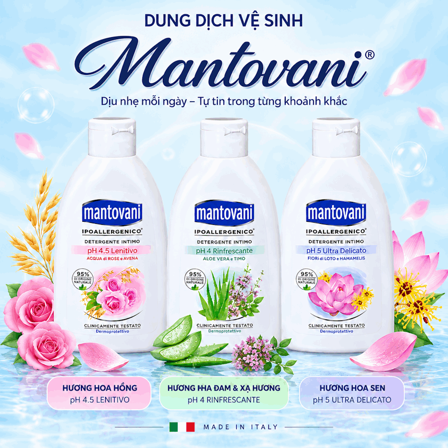 Dung dịch vệ sinh MANTOVANI Soothing PH 4.5 -  Rose water and Oats - chiết xuất từ NƯỚC HOA HỒNG VÀ Yến Mạch