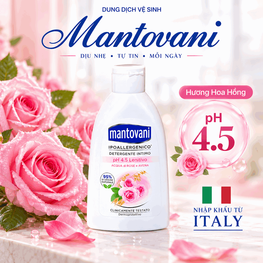 Dung dịch vệ sinh MANTOVANI Soothing PH 4.5 -  Rose water and Oats - chiết xuất từ NƯỚC HOA HỒNG VÀ Yến Mạch