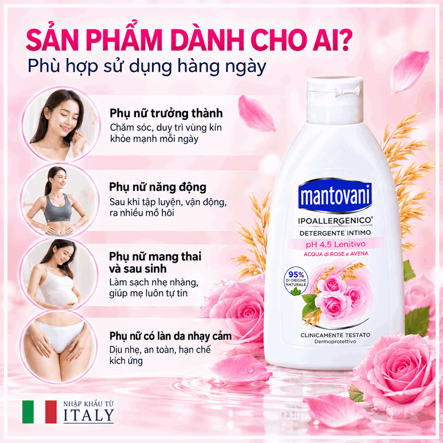 Dung dịch vệ sinh MANTOVANI Soothing PH 4.5 -  Rose water and Oats - chiết xuất từ NƯỚC HOA HỒNG VÀ Yến Mạch