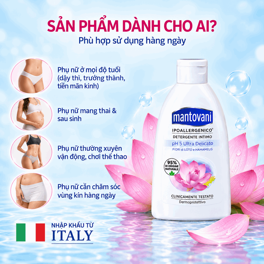 Dung dịch vệ sinh MANTOVANI Ultra delicate PH 5 - Lotus Flower and Hamamelis - Chiết xuất hoa sen và cây phỉ HAMAMELIS