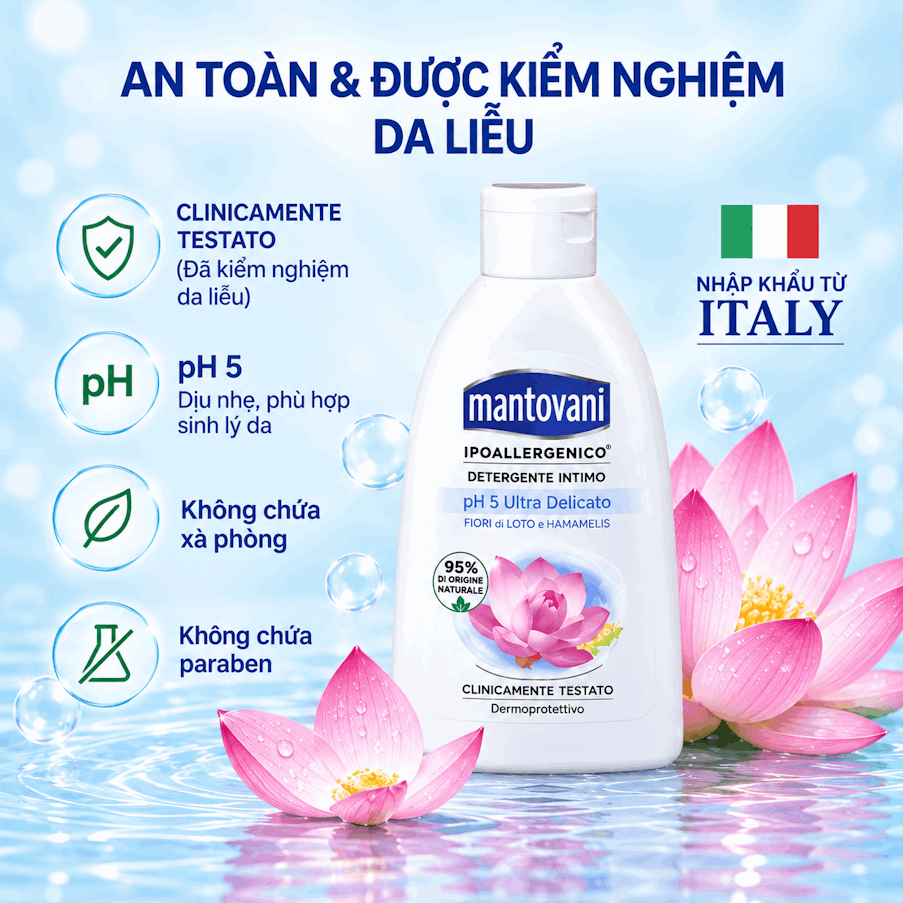 Dung dịch vệ sinh MANTOVANI Ultra delicate PH 5 - Lotus Flower and Hamamelis - Chiết xuất hoa sen và cây phỉ HAMAMELIS