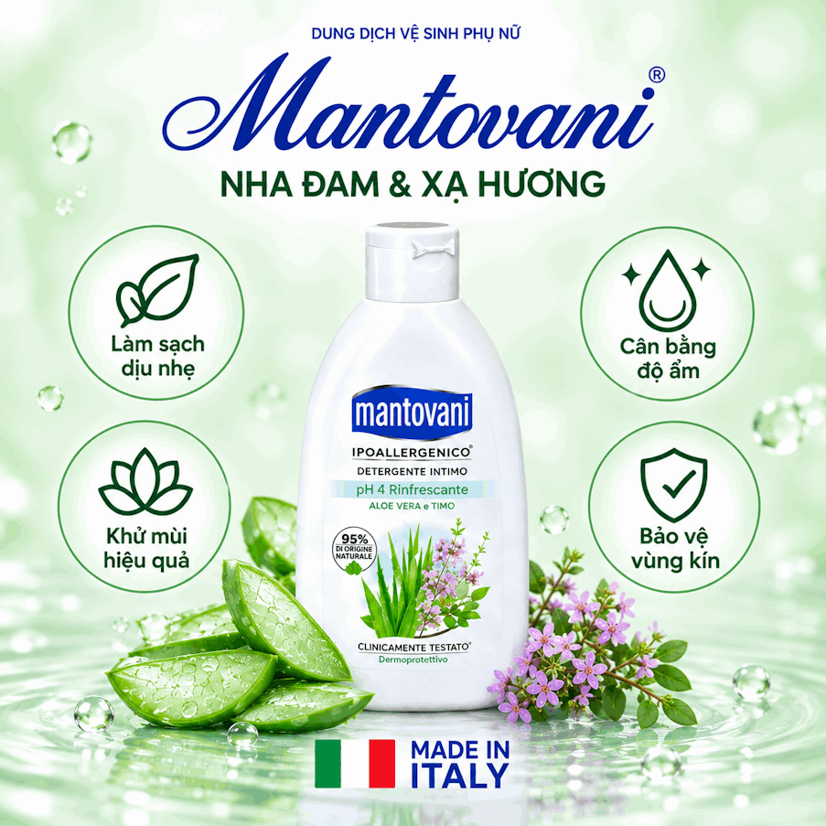 Dung dịch vệ sinh MANTOVANI - REFRESHING PH 4 – chiết xuất từ cây lô hội và cỏ xạ hương