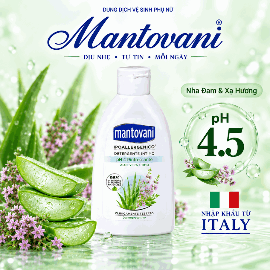 Dung dịch vệ sinh MANTOVANI - REFRESHING PH 4 – chiết xuất từ cây lô hội và cỏ xạ hương