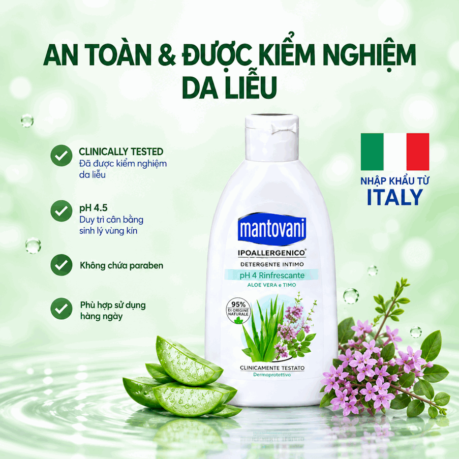 Dung dịch vệ sinh MANTOVANI - REFRESHING PH 4 – chiết xuất từ cây lô hội và cỏ xạ hương