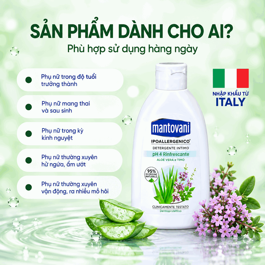 Dung dịch vệ sinh MANTOVANI - REFRESHING PH 4 – chiết xuất từ cây lô hội và cỏ xạ hương