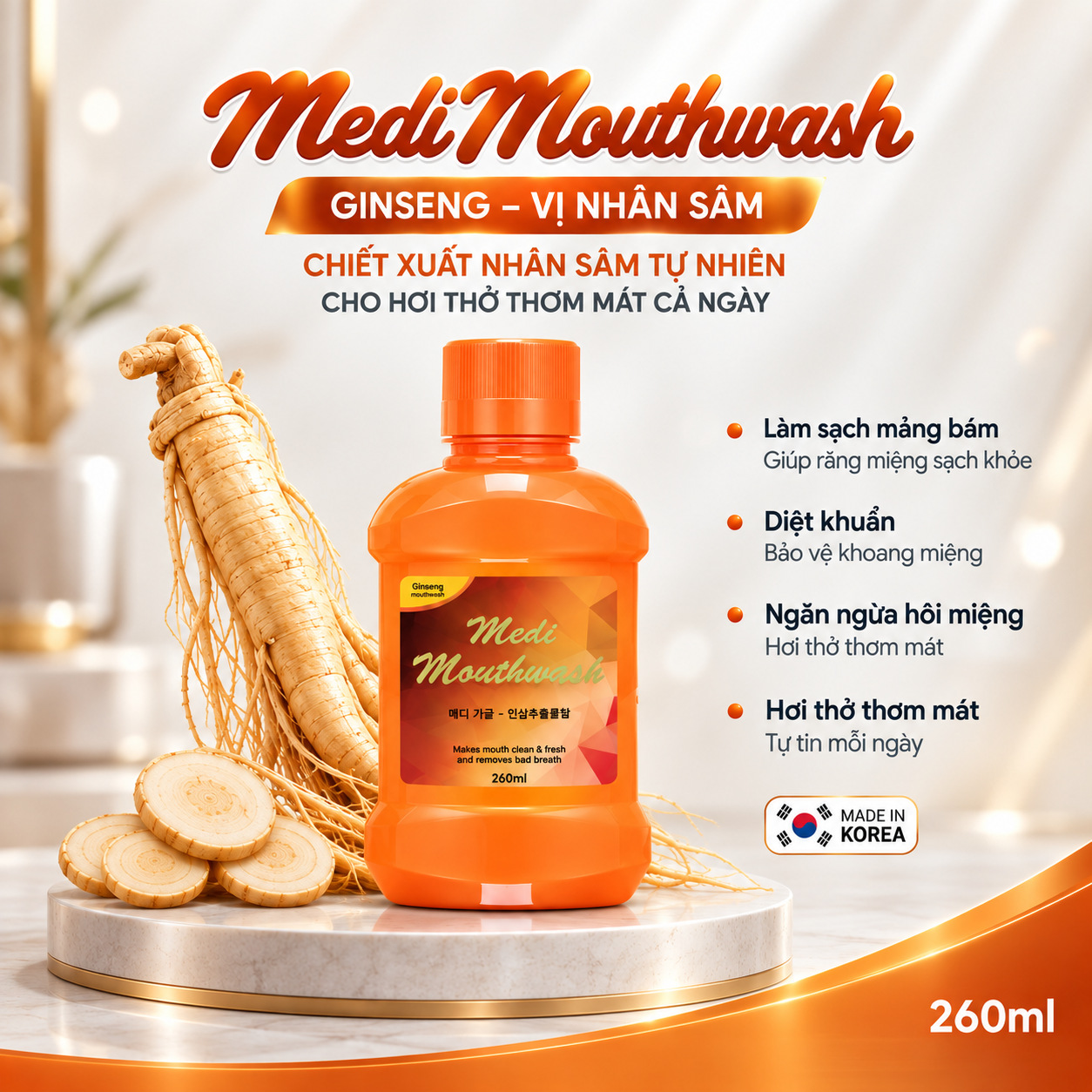 Nước súc miệng Medi Mouthwash Ginseng vị nhân sâm 260ml- Made in Korea