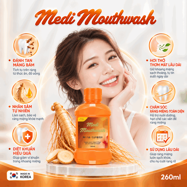 Nước súc miệng Medi Mouthwash Ginseng vị nhân sâm 260ml- Made in Korea