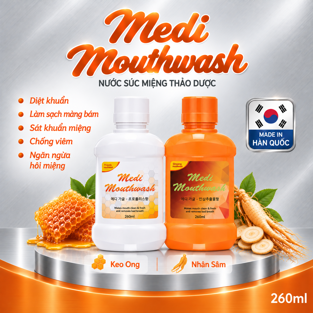 Nước súc miệng Medi Mouthwash Ginseng vị nhân sâm 260ml- Made in Korea