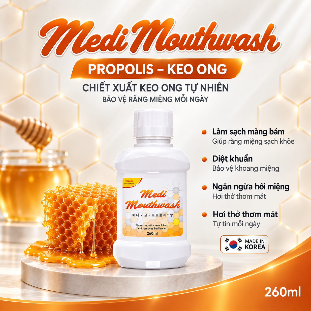 Nước súc miệng Medi Mouthwash Propolis vị keo ong, nhập khẩu từ Hàn Quốc, chai 260ML