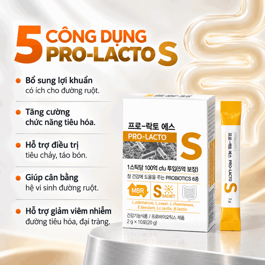 Men vi sinh PRO LACTO - S, chứa 6 chủng men vi sinh và 10 tỷ lợi khuẩn, nhập khẩu từ Hàn Quốc. Hộp 10 gói và 30 gói .