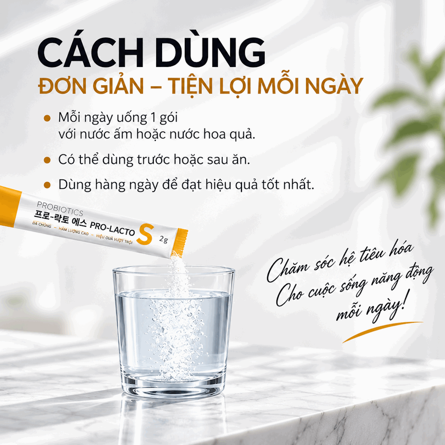 Men vi sinh PRO LACTO - S, chứa 6 chủng men vi sinh và 10 tỷ lợi khuẩn, nhập khẩu từ Hàn Quốc. Hộp 10 gói và 30 gói .