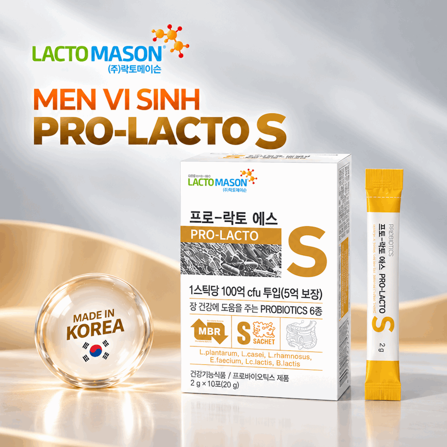 Men vi sinh PRO LACTO - S, chứa 6 chủng men vi sinh và 10 tỷ lợi khuẩn, nhập khẩu từ Hàn Quốc. Hộp 10 gói và 30 gói .