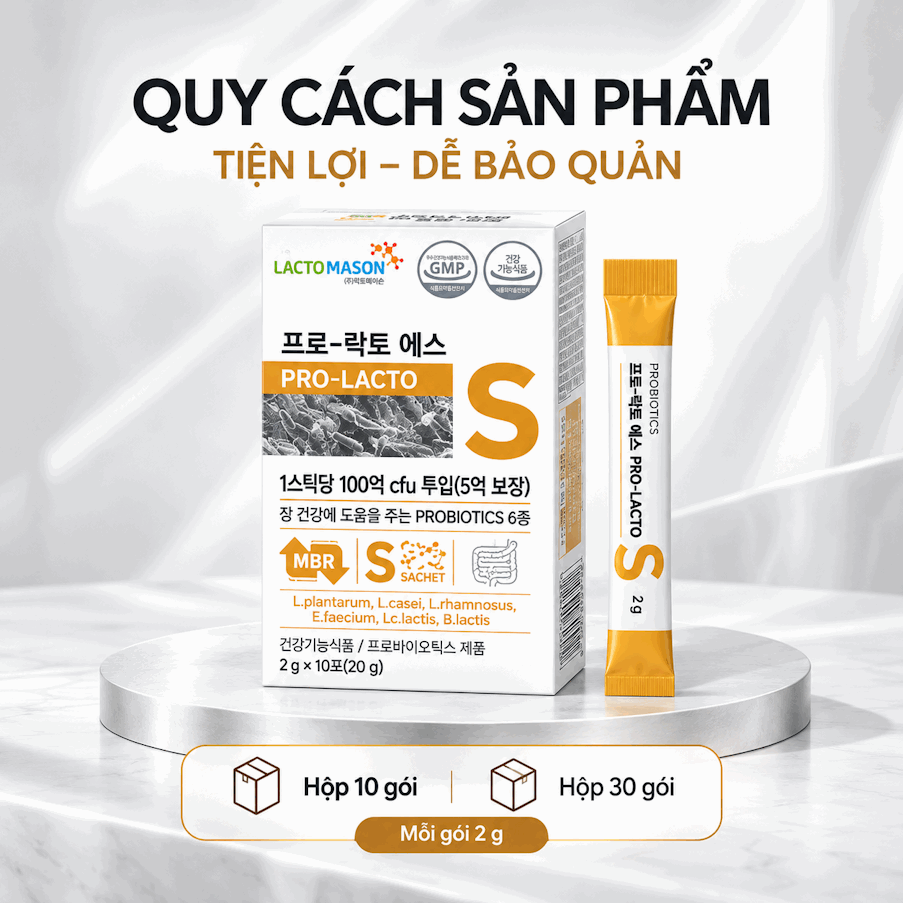 Men vi sinh PRO LACTO - S, chứa 6 chủng men vi sinh và 10 tỷ lợi khuẩn, nhập khẩu từ Hàn Quốc. Hộp 10 gói và 30 gói .