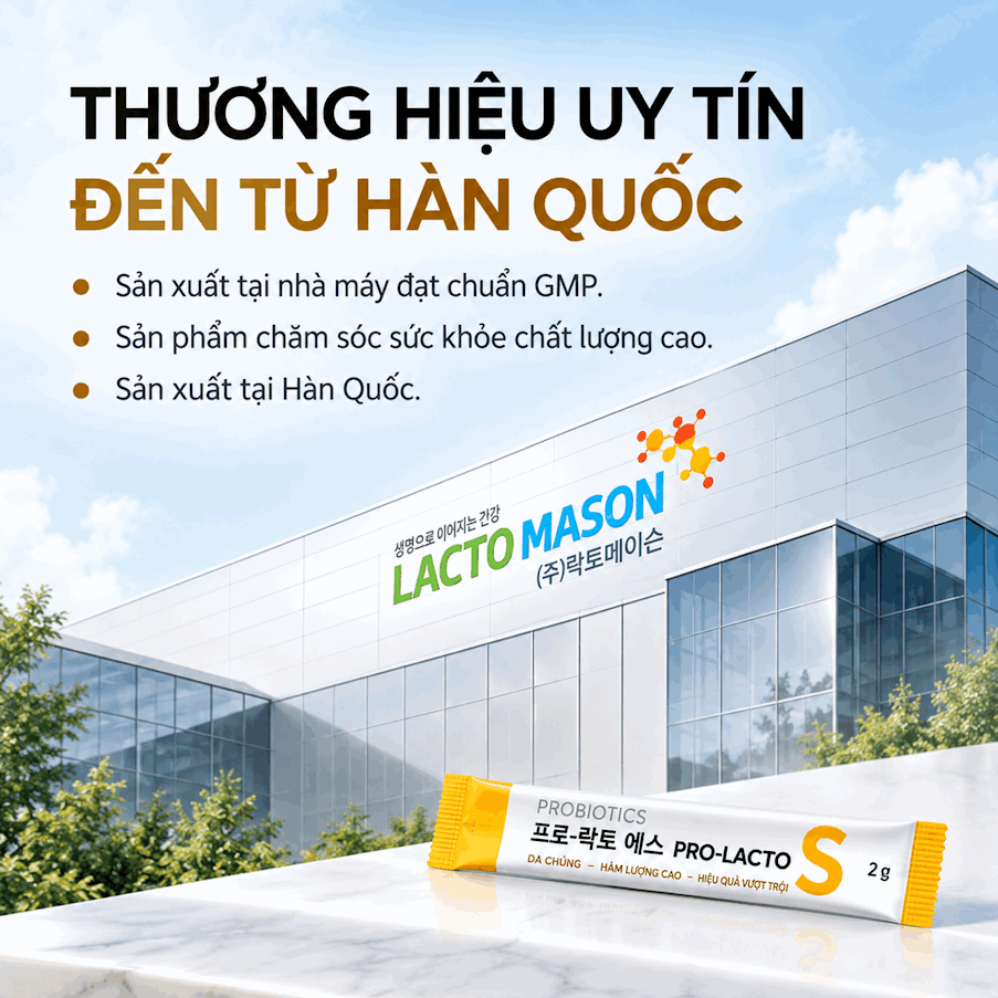 Men vi sinh PRO LACTO - S, chứa 6 chủng men vi sinh và 10 tỷ lợi khuẩn, nhập khẩu từ Hàn Quốc. Hộp 10 gói và 30 gói .