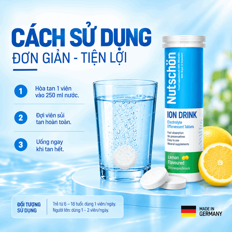 Thực phẩm bảo vệ sức khỏe Sủi điện giải NutschÖn – ION Drink Electrolyte effervescent tablets, nhập khẩu từ Germany, tuýp 10 viên.
