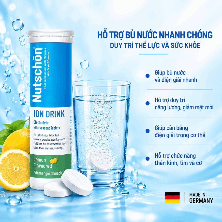 Thực phẩm bảo vệ sức khỏe Sủi điện giải NutschÖn – ION Drink Electrolyte effervescent tablets, nhập khẩu từ Germany, tuýp 10 viên.