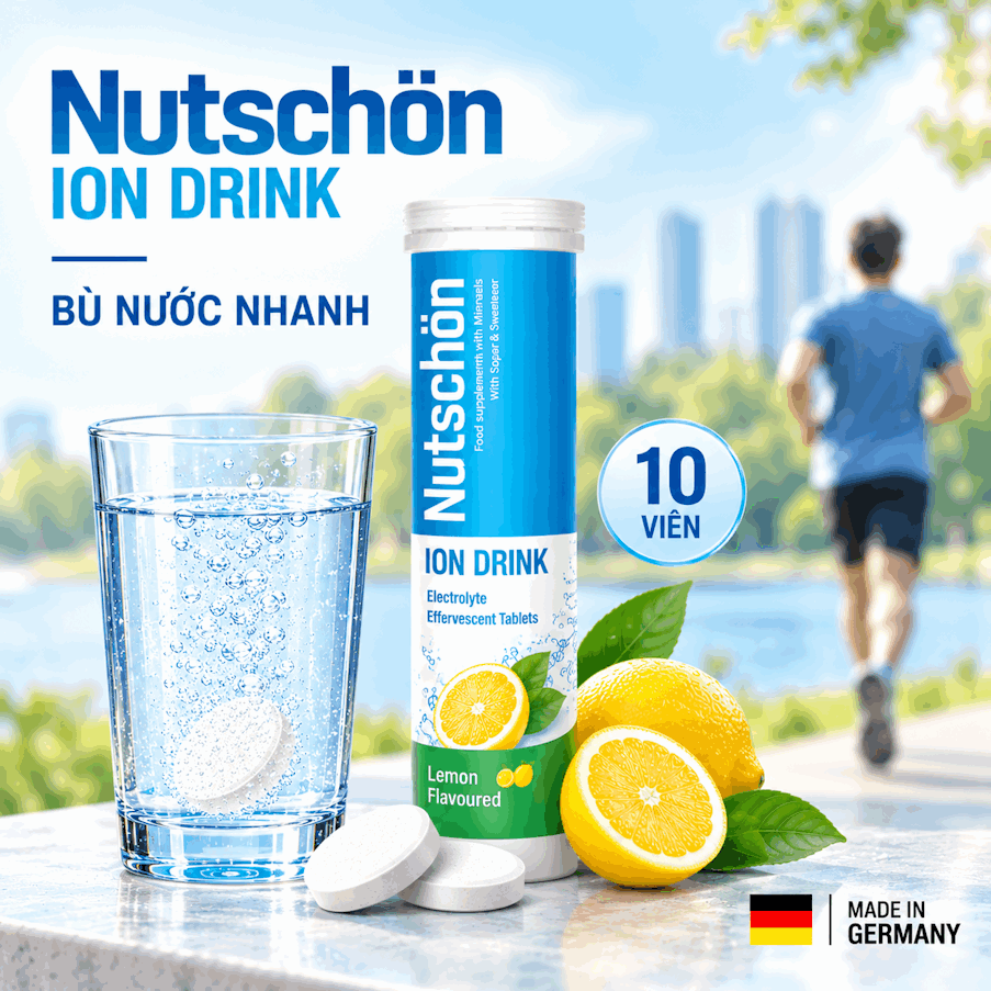 Thực phẩm bảo vệ sức khỏe Sủi điện giải NutschÖn – ION Drink Electrolyte effervescent tablets, nhập khẩu từ Germany, tuýp 10 viên.