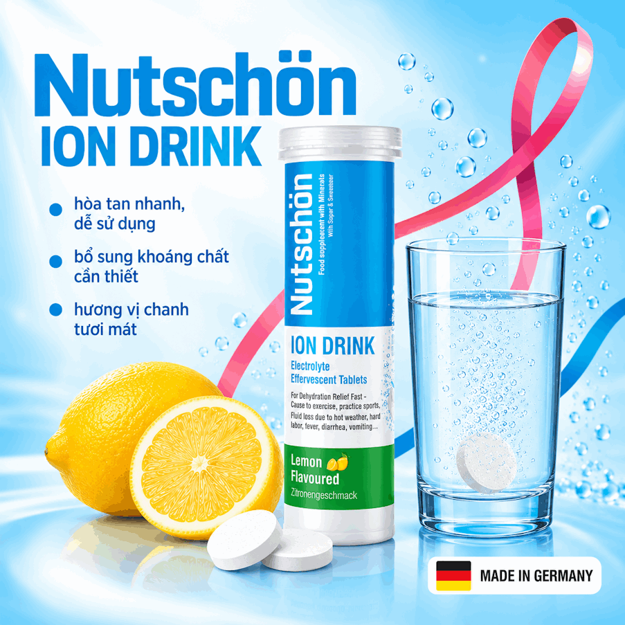 Thực phẩm bảo vệ sức khỏe Sủi điện giải NutschÖn – ION Drink Electrolyte effervescent tablets, nhập khẩu từ Germany, tuýp 10 viên.