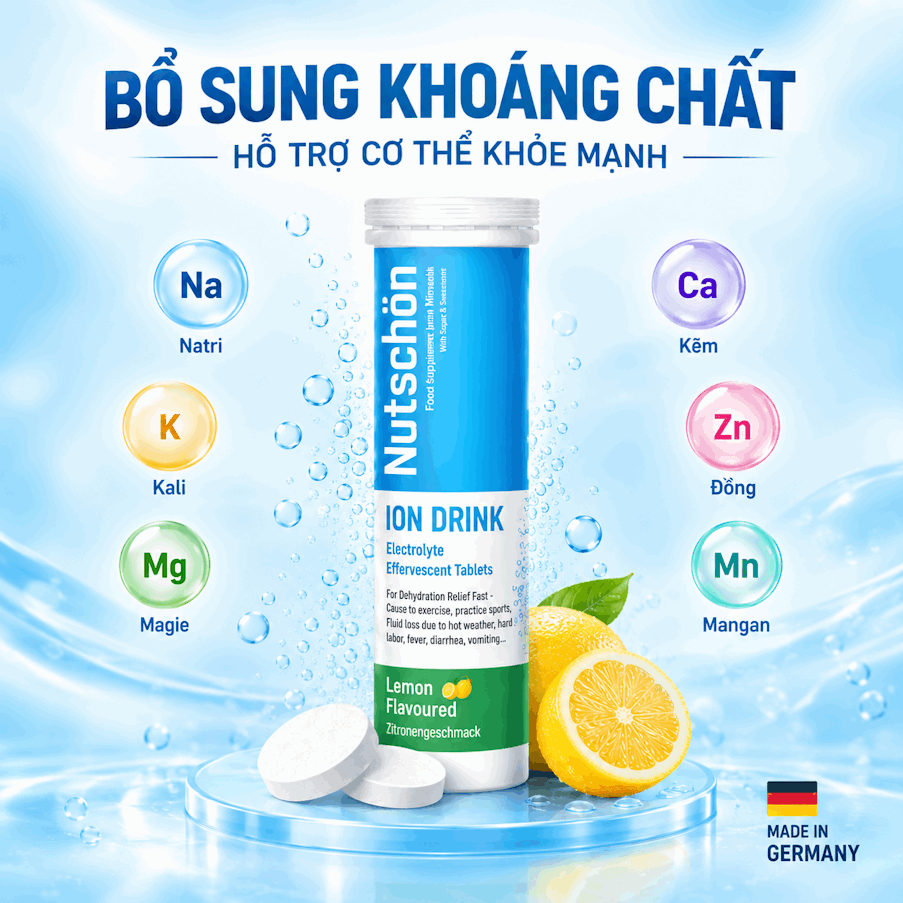 Thực phẩm bảo vệ sức khỏe Sủi điện giải NutschÖn – ION Drink Electrolyte effervescent tablets, nhập khẩu từ Germany, tuýp 10 viên.