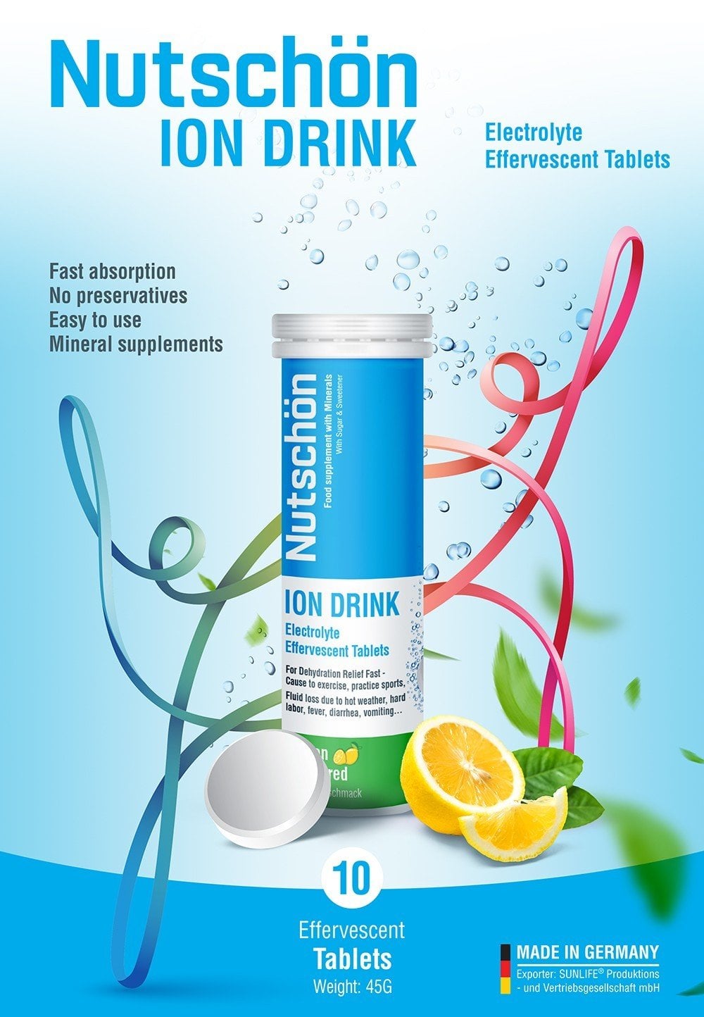 Thực phẩm bảo vệ sức khỏe Sủi điện giải NutschÖn – ION Drink Electrolyte effervescent tablets, nhập khẩu từ Germany, tuýp 10 viên.