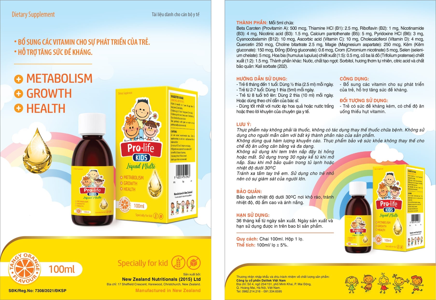Siro bổ sung vitamin cho trẻ em PRO-LIFE KIDS Liquid Multi, nhập khẩu NEW ZEALAND, hộp 100ML