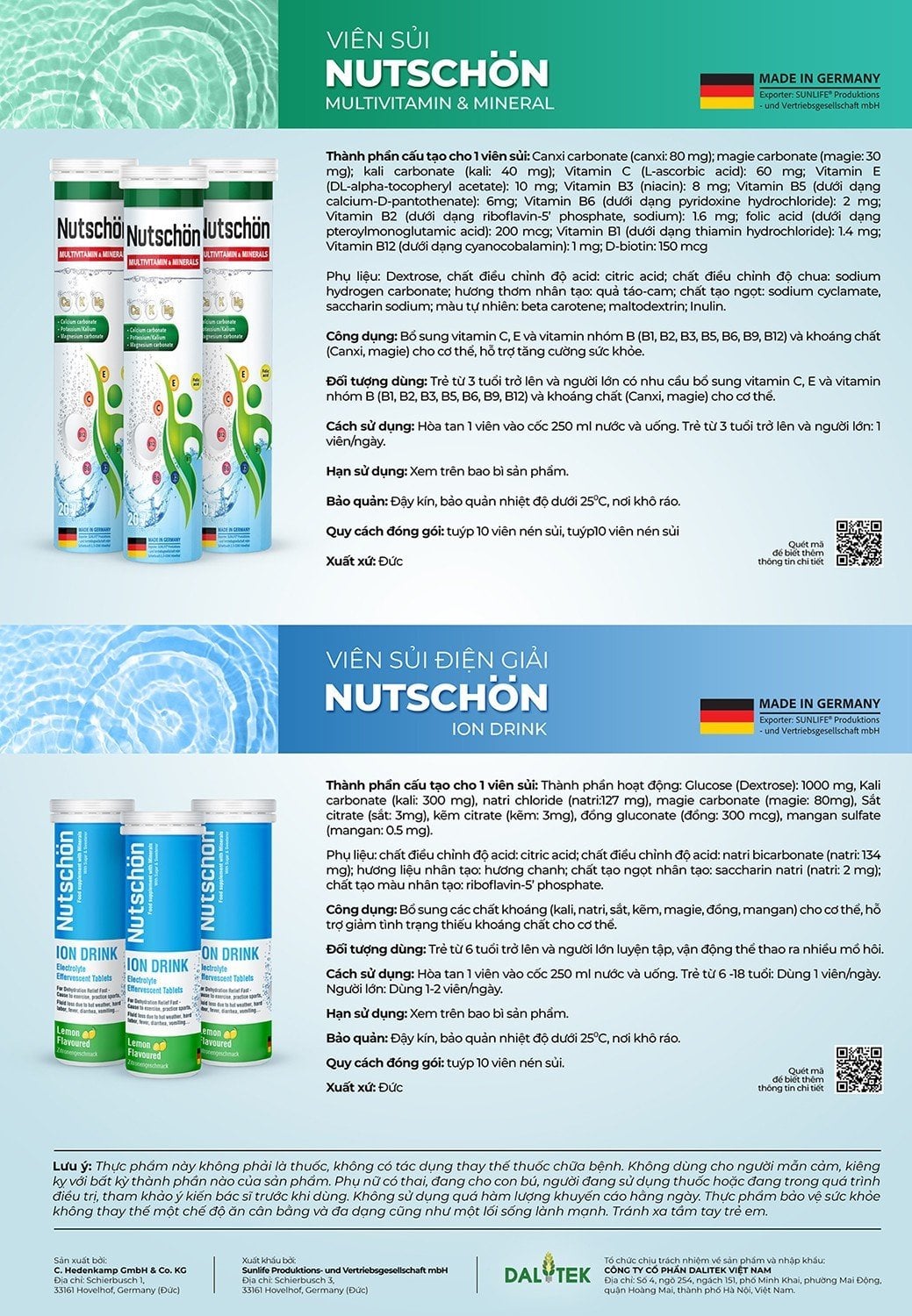 Thực phẩm bảo vệ sức khỏe Viên sủi vitamin và khoáng chất tổng hợp Nutschön Multivitamin &amp; Minerals effervescent tablets  nhập khẩu từ Germany, tuýp 20 viên.