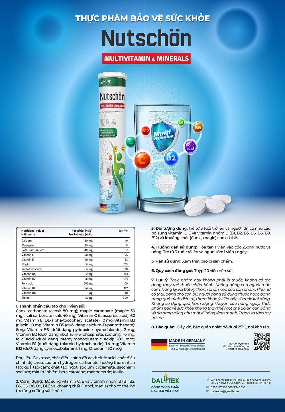 Thực phẩm bảo vệ sức khỏe Viên sủi vitamin và khoáng chất tổng hợp Nutschön Multivitamin &amp; Minerals effervescent tablets  nhập khẩu từ Germany, tuýp 20 viên.