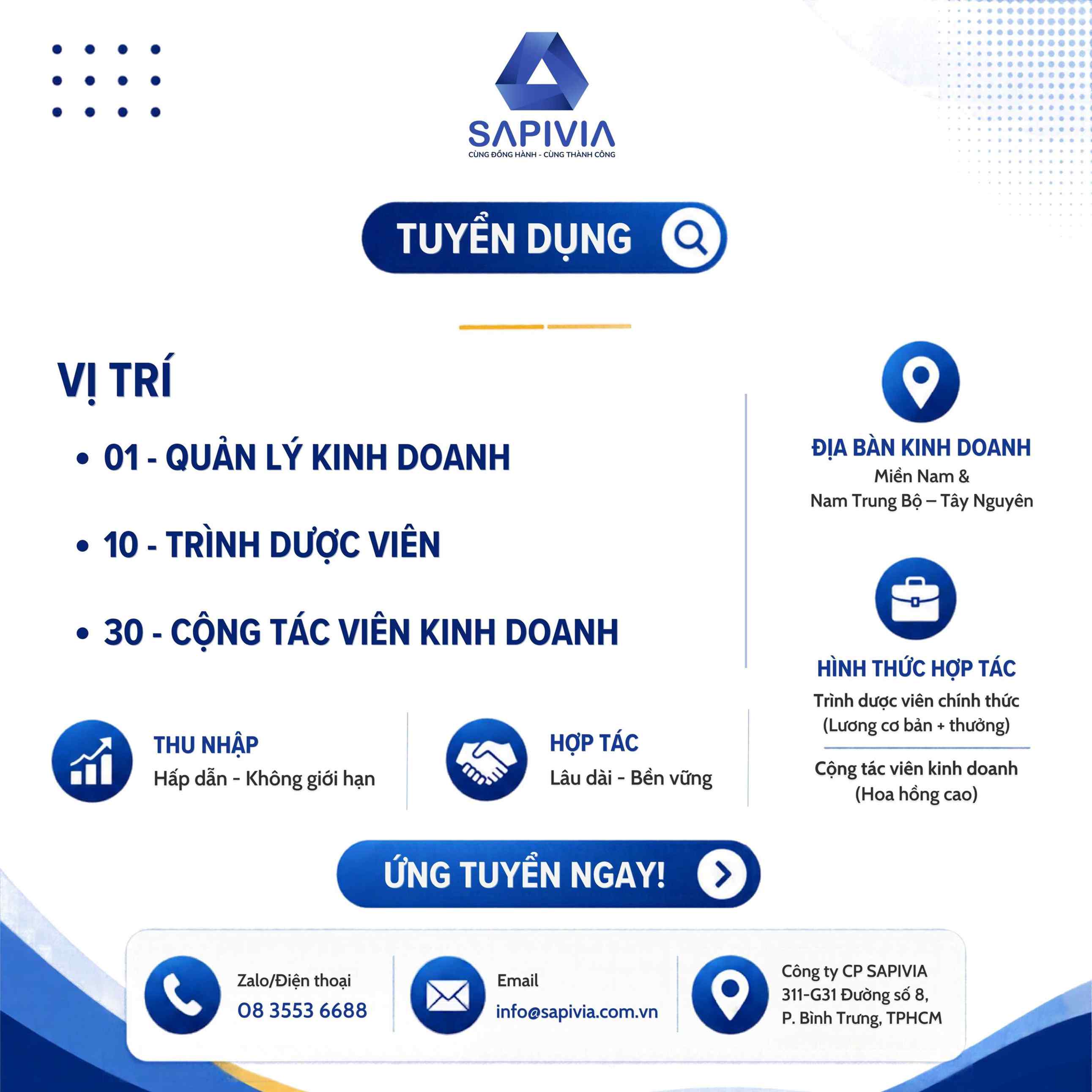 SAPIVIA TUYỂN QUẢN LÝ KINH DOANH, TRÌNH DƯỢC VIÊN &amp; CỘNG TÁC VIÊN KINH DOANH